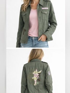 Disney Tinkerbell Utility Jacket Graphics Logo Patch Green XL Disneyland Coat